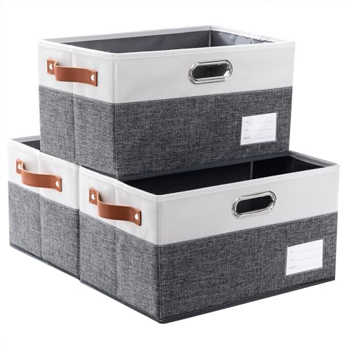 Foldable Storage Bins with Handles [3 (Grey & Cream / Large(3-Pack))