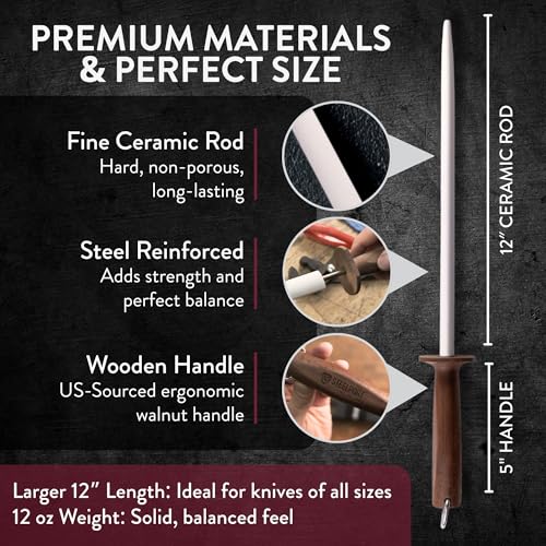 12" Oval Ceramic Honing Rod for Carbon & Stainless Steel Knives