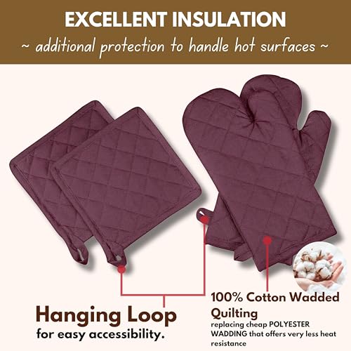4 Piece Set 2 Oven Mitts & 2 Potholders (Burgundy Wine)