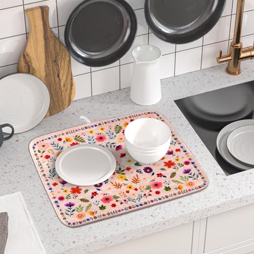 Boho Floral Dish Drying Mat (Wildflowers Pink / 18" x 16")