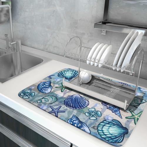 Starfish Seashell Dish Drying Mat 18x24 inch Coastal Beach Dish Drainer Rack Pad Absorbent Microfiber Fast Dry Kitchen Counter Accessories (Starfish Seashell / 18" x 24")