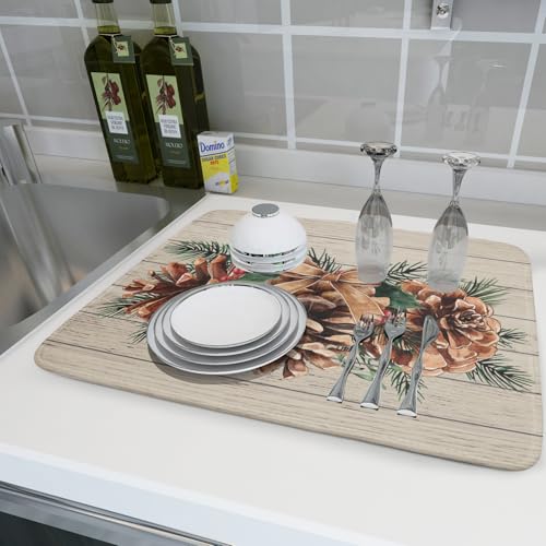 Winter Pine Cone Dish Drying Mat Holly Berries Dish Draining Mat Microfiber Washable Dish Drainer Rack Mat for Home Kitchen Counter 18"x24" (Winter Pine Cone / 18" x 18")