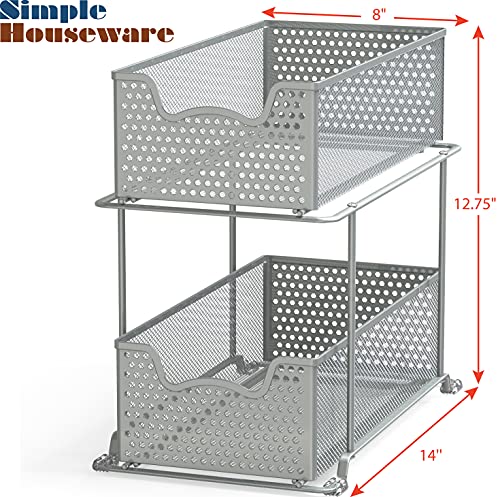 2 Tier Sliding Cabinet Basket Organizer Drawer (Silver / 1-Pack)