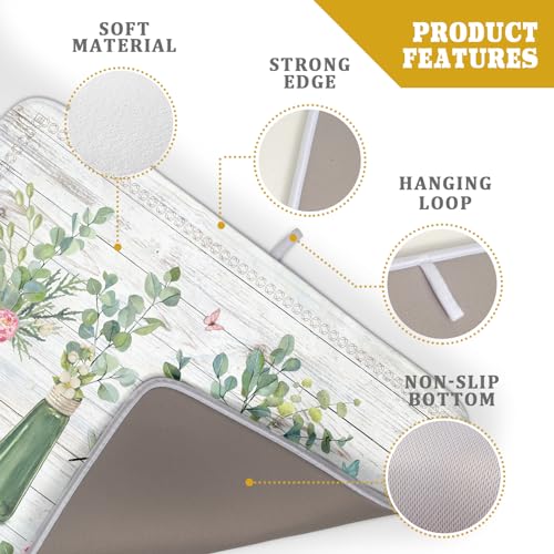 Fern Leaf Vase Dish Drying Mat 18x24 Inch Eucalyptus Leaves Microfiber Absorbent Dish Drainer Mat Reversible Drying Pad for Kitchen Counter Sink (Fern Leaf Vase / 18" x 24")