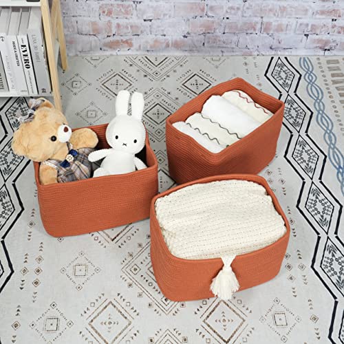 Woven Cotton Rope Storage Baskets 15x10x9.3" 3 Pack Rust (Rust)
