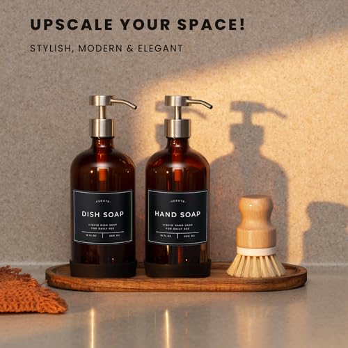 Hand and Dish Soap Dispenser for Kitchen and Bathroom (Amber Bottle / Brushed Silver Pump)