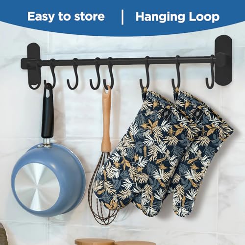 Oven Mitt Extra Long Cotton Cooking Kitchen Mitts with Non (Blue Leaves - Oven Gloves)