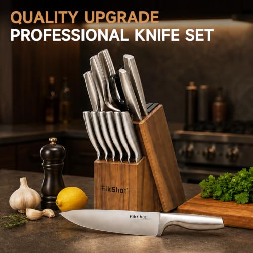 14PCS Knife Set with Block & Sharpener (Upgrade: Silver + Walnut（Built-In Sharpener）)