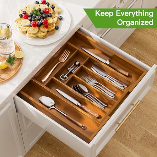 Bamboo Expandable Silverware Drawer Organizer (Brown / Medium)