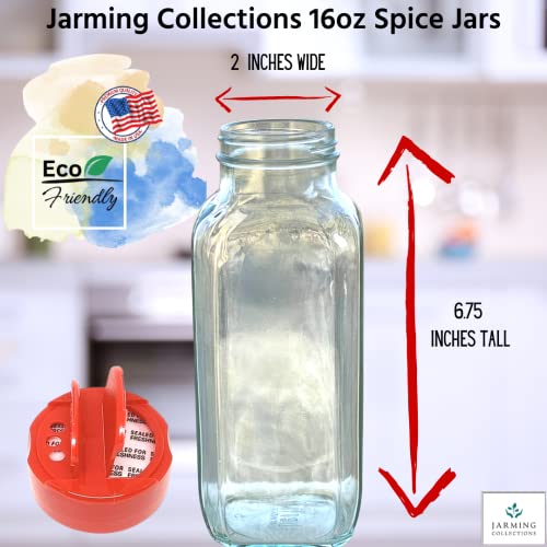 Glass Spice Jars with Shaker Lids (French Square 16oz Red Set of 2)