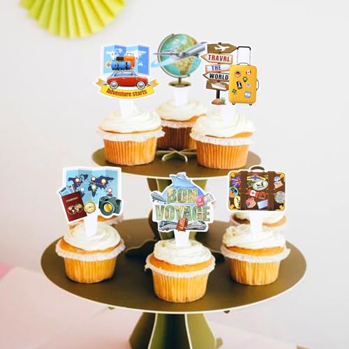 36PCS Double sided Adventure Travel Cupcake Toppers Airplane Globe Map Suitcase Bon Voyage Cupcake Picks for Adventure Travel Baby Shower Boys Girls Birthday Wedding Party Decoration (Travel)