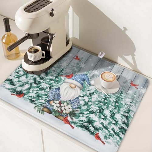 Winter Gnome Dish Drying Mat Pine Tree Dishes Pad 18"x24" Microfiber Absorbent Fast Dry Drainer Rack Mats Protector for Kitchen Countertop (Winter Gnome Bird / 18x24 inch)
