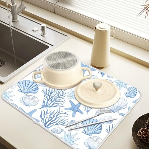 Nautical Coastal Dish Drying Mat for Kitchen Counter Absorbent Microfiber Large Summer Ocean Themed Seashell Coral Starfish Drying Pad Dish Mats for Kitchen Countertops 18 x 24 Inch (24" x 18")