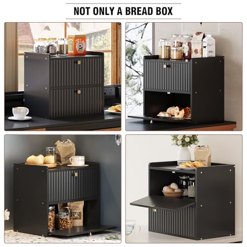 Rustic Bread Box for Kitchen Countertop Bamboo Bread Storage Container Bin Double Layer BreadBox Farmhouse Large Capacity Food Organizer Black (Black)