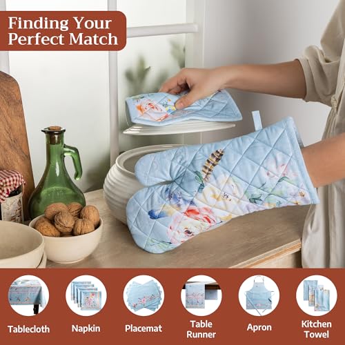 100% Cotton Oven Mitt & Pot Holder Set (077 - Ibiza - Blue / 7.5" x 13" & 8" x 8" (Oven Mitt & Pot Holder))