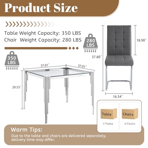 37'' Square Glass Dining Table Set for 4 (5PCS-37.01” L x 37.01” W x 29.53” H / Clear Silver - Grey Chair)