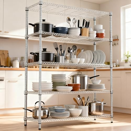 1750LBS 47.2" W 5 Tiers Shelf Steel Storage Shelves Metal Shelving Unit Steel Organizer Wire Rack for Home (5 tier, 17.7" D x 47.2" W x 72.4" H / Chrome)