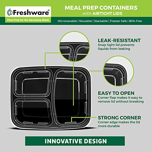 Meal Prep Containers with Lids [15 Pack] 3 Compartment (Black / 3-COMP-32OZ-15PK)