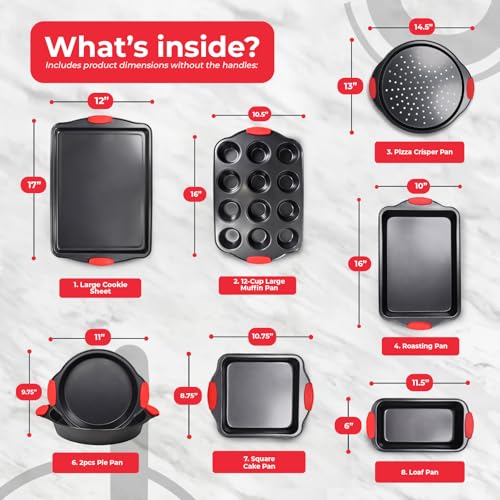 Non-Stick 8-Piece Baking Pan Set, BPA-Free Carbon Steel Bakeware Set with Silicone Handles, Stackable Kitchen Oven Set, Cookie Sheet, Baking Tray, Baking Sheet Set, Oven Safe (446°F) (8 Piece)