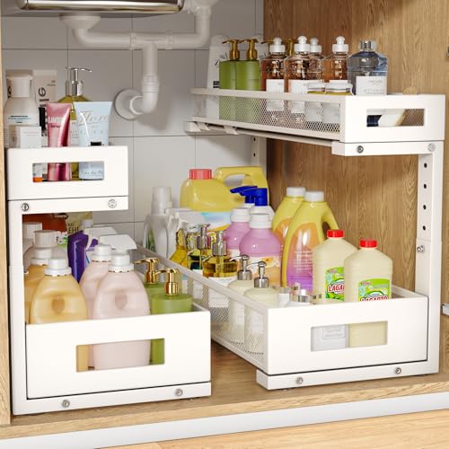 2 Pack 20.47IN Depth Under Sink Storage Organizer (White / 2 Pack-20.47"Dx11.4"-16.14"H)