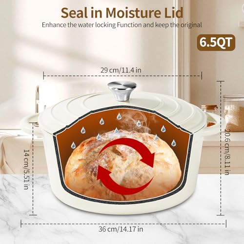 Enameled Cast Iron Dutch Oven pot 6.5 QT with Lid for Bread Baking (Cream White)