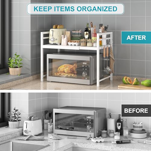 Expandable Microwave Stand Kitchen Countertop Organizer (White / 2 Tier (Without Spice Rack))