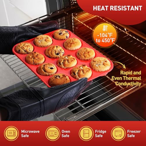2 Pack 12 Cups Silicone Muffin Pan with Metal Reinforced Frame Regular Size Silicone Molds Cupcake Cake Baking Pans Cookie Baking Chocoflan Cupcake Mold Muffin Tray Dishwasher Safe BPA Free (2pc: 12-Cup Regular / Red and Blue)