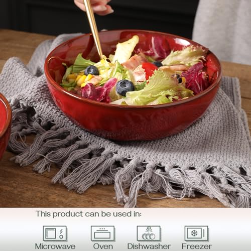 Ceramic Salad Bowls Set for Kitchen (Cherry Red)