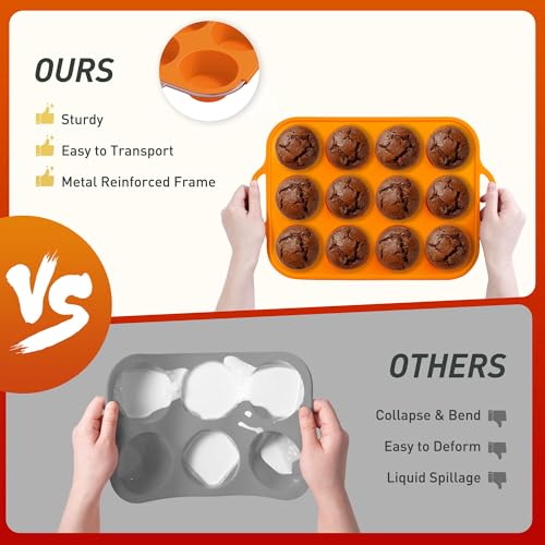 2 Packs 12 Cups Silicone Muffin Pan with Metal Reinforced Frame Regular Size Cupcake Pan Tray Egg Bites Silicone Cookie Molds Muffin Tin Tart Pans Baking Set for Easter Christmas holiday Cookie (Regular / Orange)