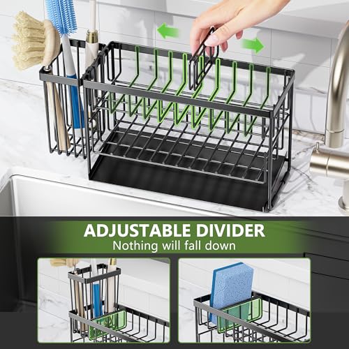 2 Tier Kitchen Sink Caddy Organzier Rack with Dish Brush Sponge Holder (Black / Medium)