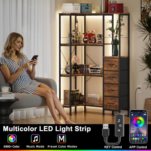 4 Tier Corner Bookshelf with LED Light Strips (Rustic Brown / 4 Tier)