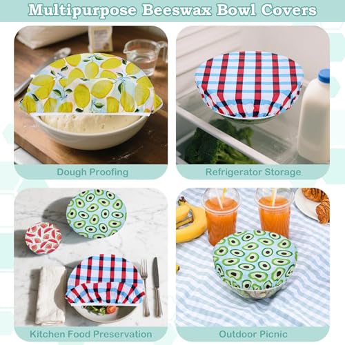 5Pcs Reusable Beeswax Elastic Bowl Covers for Bread Proofing and Food Cover (Fruit Grid)