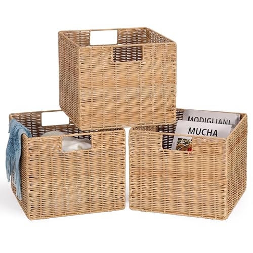 12X12X10in Plastic Wicker Storage Basket (Natural)