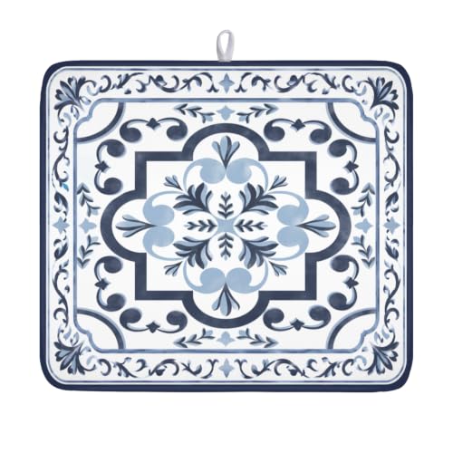 Navy Flower Dish Drying Mat Modern Boho Microfiber Dishes Drainer Pad 16x18 Inch Absorbent Fast Dry Dish Rack Mat for Kitchen Counter Sink (Boho Navy Floral / 16x18 inch)