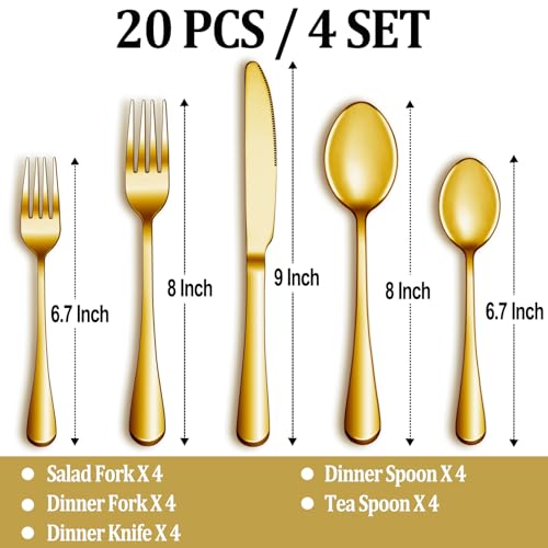 20 Pcs Gold Silverware Set Service for 4 (Gold)