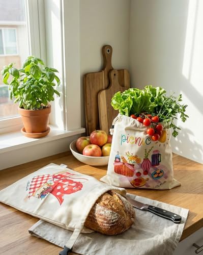 2 XL Beeswax Bread Bags for Homemade Bread (Beige with Picnic)