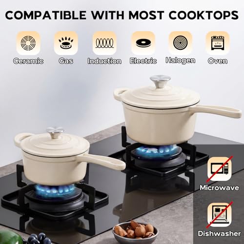 Enameled Cast Iron Saucepan Set (Cream White / 1+2 Quarts)