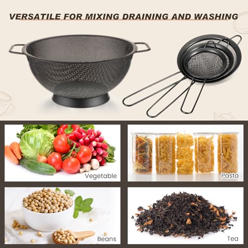 4 Quart Black Colander and 3 Metal Fine Mesh Strainer Set (4 Quart / Black)