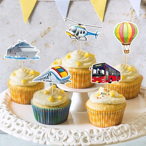24Pcs Printed Transportation Cupcake Toppers Train Hot Air Balloon Motorcycle Bus Boat Airplane Cupcake Picks for Transportation Theme Baby Shower Boys Girls Birthday Party Decorations (White)