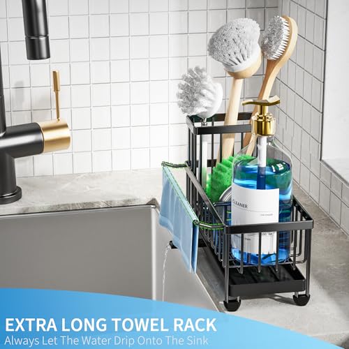 Sponge Holder for Kitchen Sink (Black With Towel Rack - 9.25″)