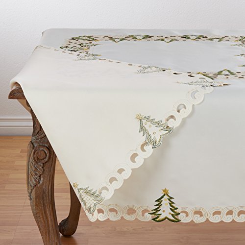 Pandoro Collection Holiday Embroidered Christmas Tree Cutwork Border 67 x 67 Inch Tablecloth (Ivory / 67" x 67" (Square))