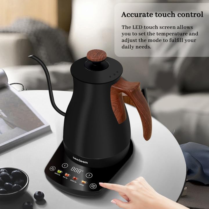 Gooseneck Electric Kettle Full Touch Screen 1200W Electric Tea & Coffee Kettle with Four Heating Modes Rapid Heating (Extra Large / Black)