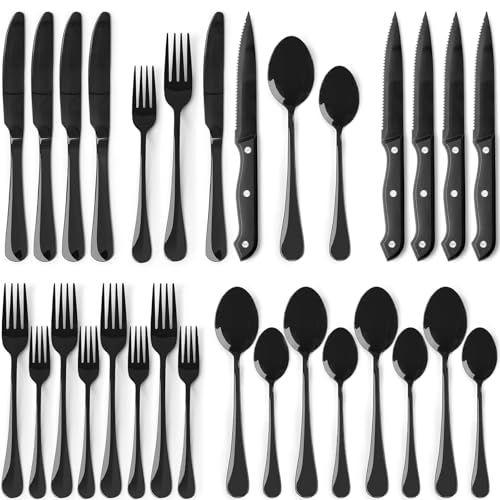 24 Piece Black Silverware Set with Steak Knives Flatware Set for 4 Food (24 PCS / Elegant Black Pro)