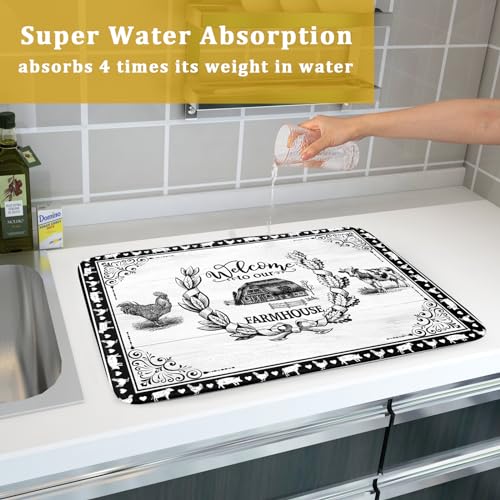Farm Animal Dish Drying Mat 18x24 Inch Welcome to Our Farmhouse Microfiber Dish Drainer Pads Absorbent Fast Dry Kitchen Accessories (farm animal / 18" x 24")