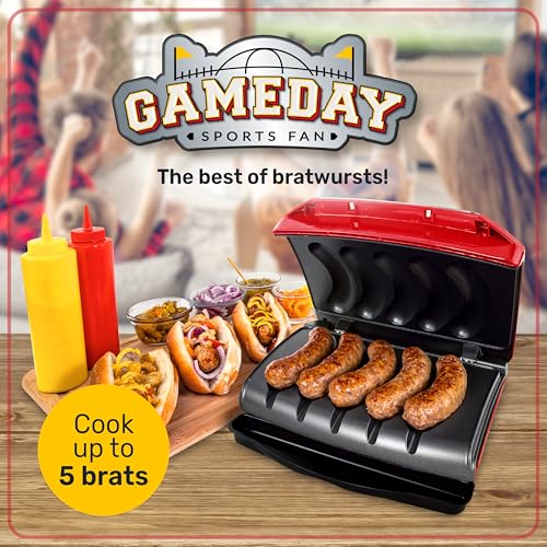 Game Day Sausage and Brat 5 Link Electric Grill with Oil Drip Tray (Red)