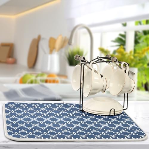 Super Absorbent Dish Drying Mat Microfiber Fast (Navy Blue Moroccan / 18" x 24")
