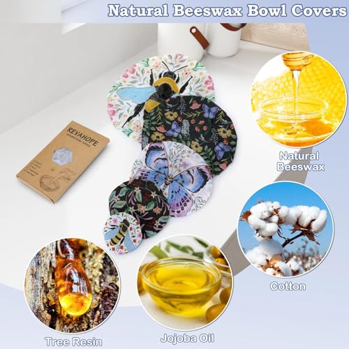 5Pcs Reusable Beeswax Elastic Bowl Covers for Bread Proofing and Food Cover (Honeybee)