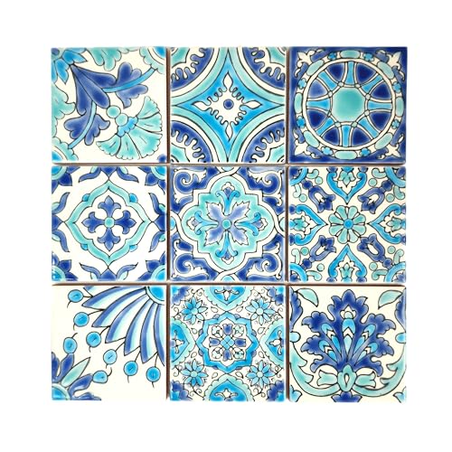 Set of 9 Decorative Ceramic Tiles (Turquoise & Blue / 4" x 4" (9 Tiles - 1 Sq Ft))
