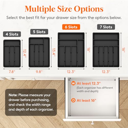 Silverware Drawer Organizer Tray (Black / 12.3 x 16 inch (6 Slots))