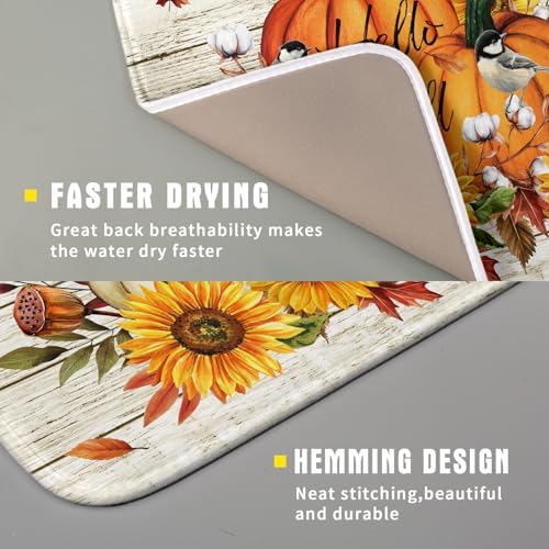 Hello Fall Dish Drying Mat Autumn Pumpkin Dish Drainer Rack Mats 16"x18" Fast Dry Microfiber Dish Drying Pad for Kitchen Countertop Table (Pumpkin Sunflower / 16" x 18")